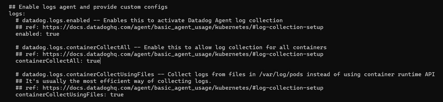 datadog-values edit to enable log collection