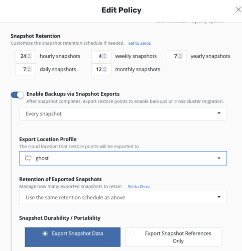 Kasten dashboard showing the Edit Policy screen allowing for exporting of volume data