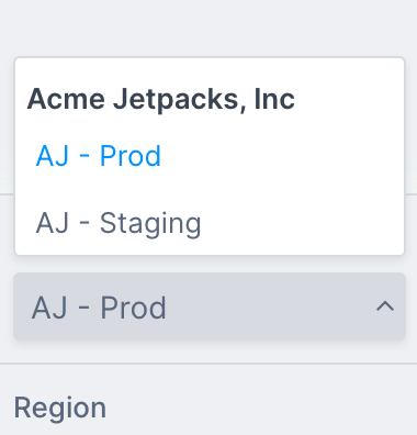 Selecting the current account context through the sidebar dropdown of an Organization