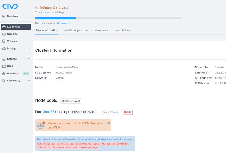 Civo dashboard showing a building cluster