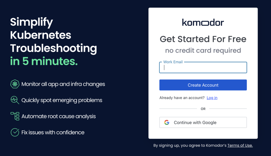 Komodor signup screenshot