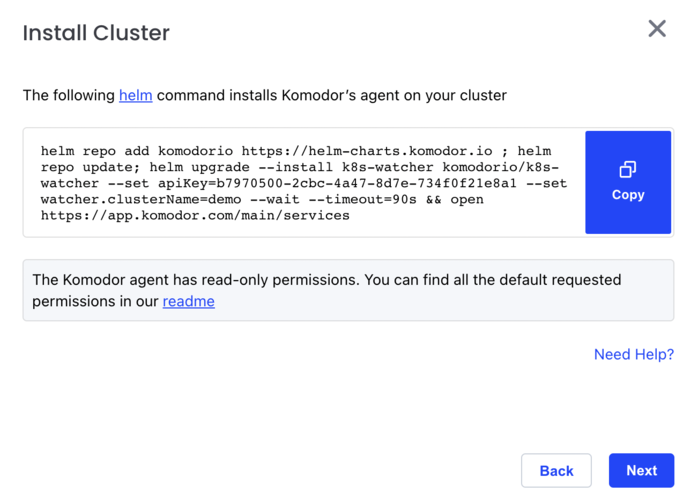 A screenshot of the instructions for adding a cluster to Komodor using helm