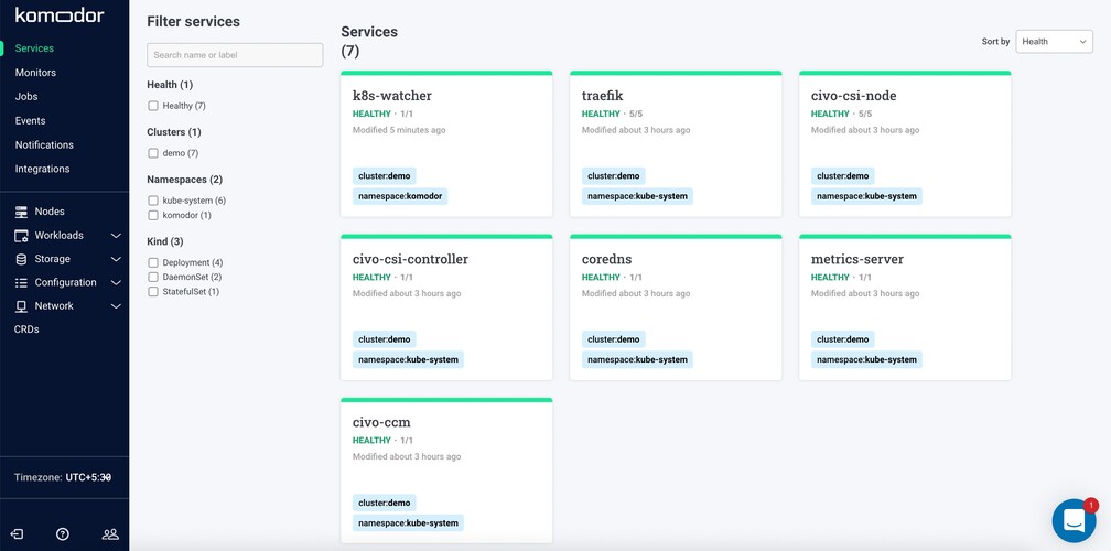 Komodor services view displaying Civo cluster data