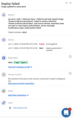 "Deploy failed" summary view on Komodor showing details of why a failure to deploy an image occurred