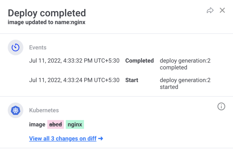 Deployment summary on Komodor showing deployment completed and timestamps