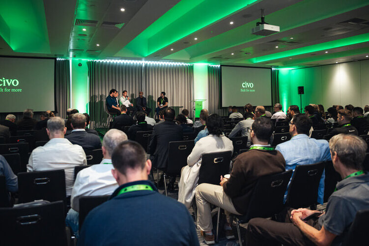 Josh Mesout, James Faure (Founder & CEO, Clairo AI), Abdul Hummaida (Co-Founder, CTO of Covecta), Jonas Vermeulen (Co-Founder, CTO of Covecta), and Daniel Miodovnik (COO, Orbital Materials) at Civo Navigate London 2025